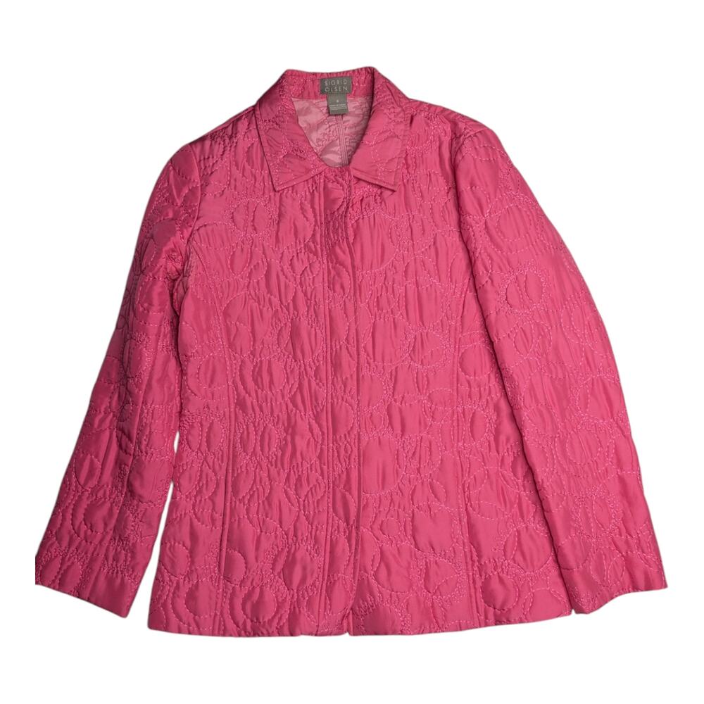 Vtg Y2K Sigrid Olsen Bubblegum Pink 100% Silk Quilted Snap Front Barn Jacket S